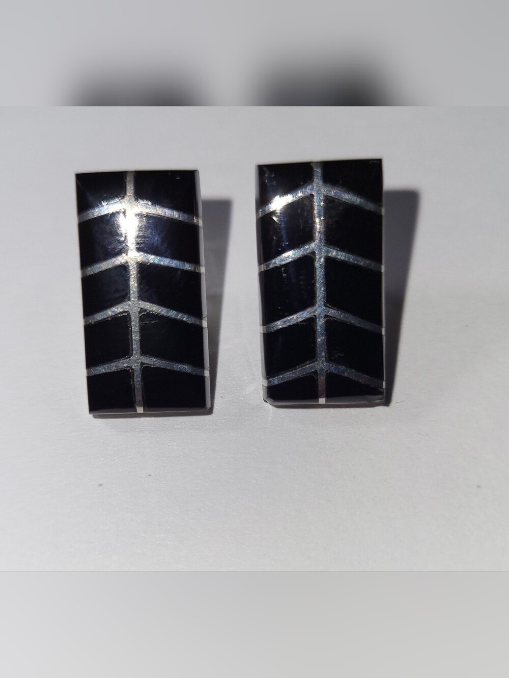 Vintage Taxco Black and Silver Chevron Inlay Earrings
